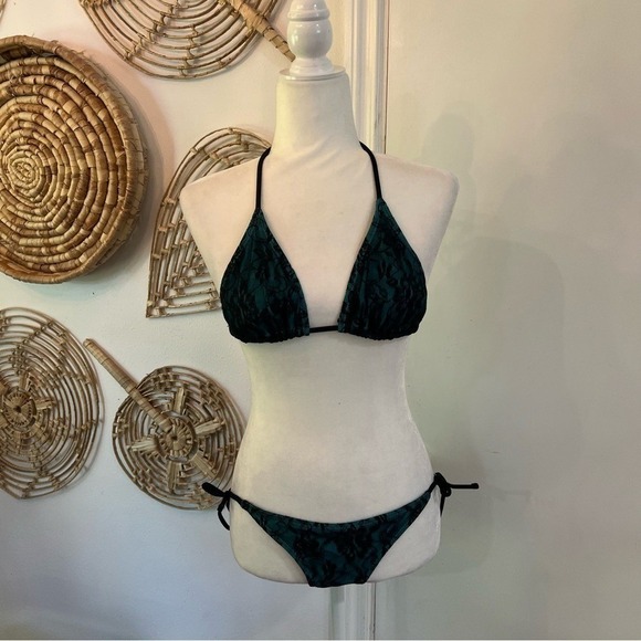 Vintage Teal Lace Overlay Triangle Bikini Swim Set Y2K Boho Festival Beach Sz S - Picture 2 of 8
